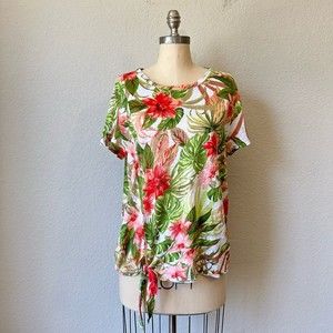 J. JILL LOVE LINEN S/S Multicolor Floral Tie Waist Tunic Top